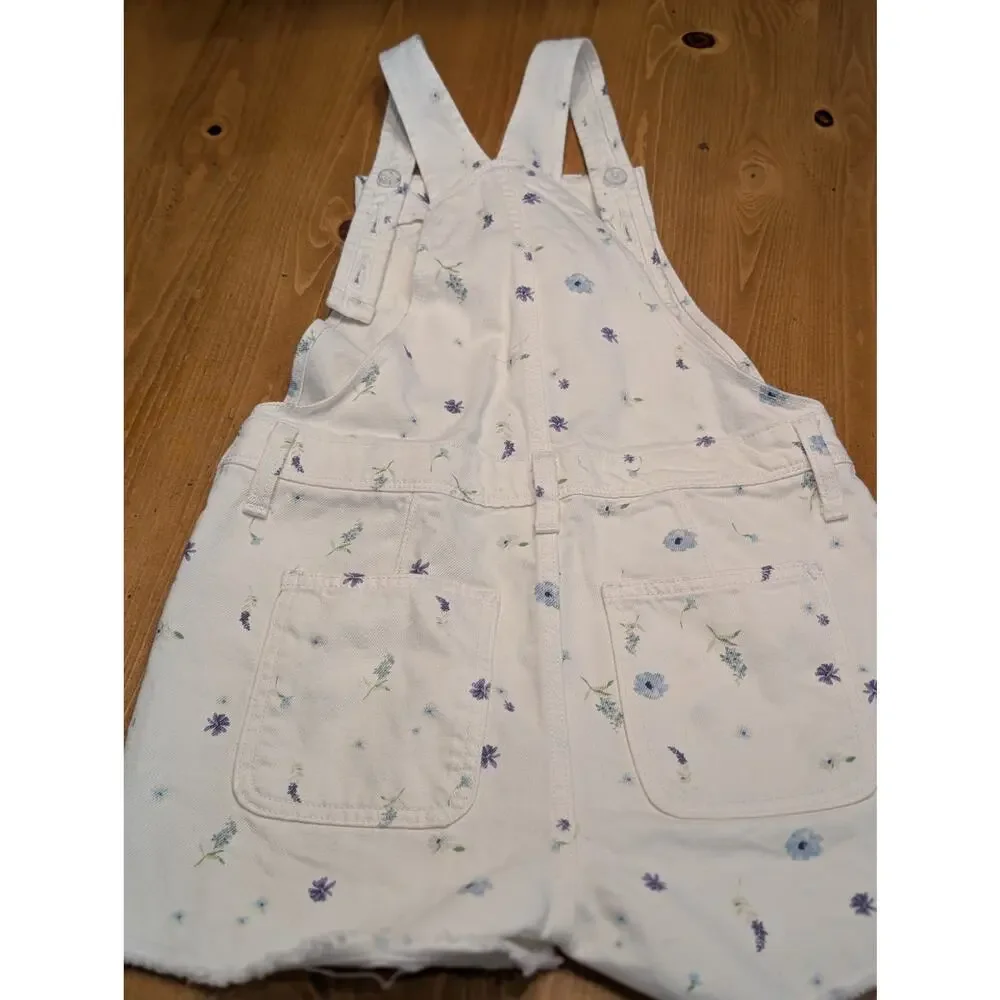 Old Navy Denim Short Overalls, White, Blue Flowers, NWOT, Girl's XL 14/16